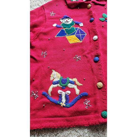 Vintage Christmas Cardigan Ugly Holiday Sweater Embroidered Snowman Teddy Bear L - Picture 2 of 7